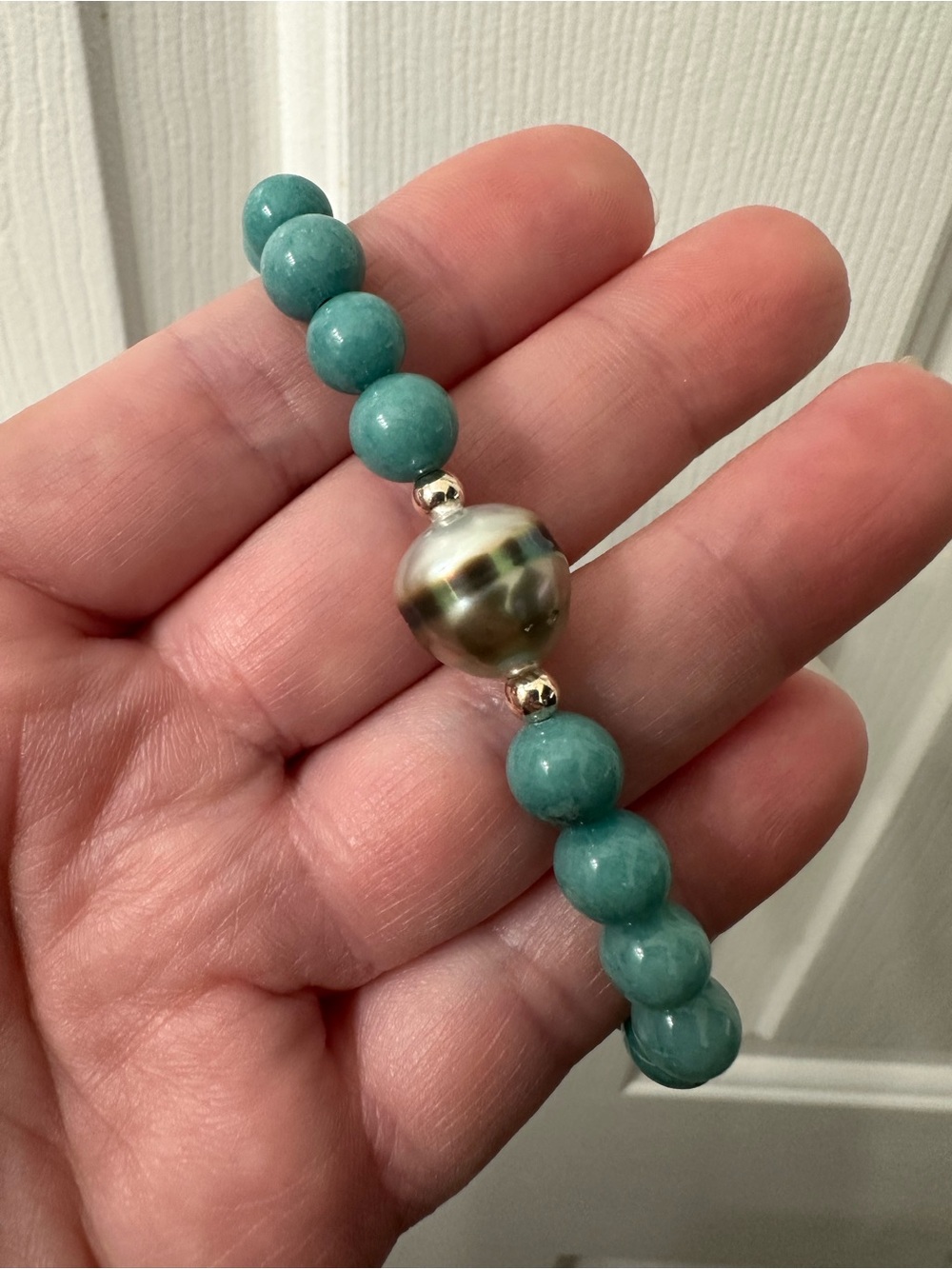 Tahitian Pearl Bracelet Light Teal Gemstone Beads Stretchy Handmade 7” NWOT
